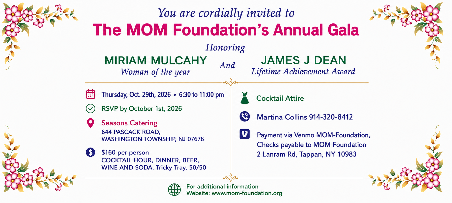 MOM Foundation Annual Gala 2026 invitation - Honoring Miriam Mulcahy and James J. Dean, Thursday October 29 2026